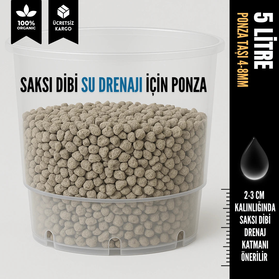 Saksı dibi drenaj ponza taşı 5 litre – 4-8 mm gözenekli volkanik tane