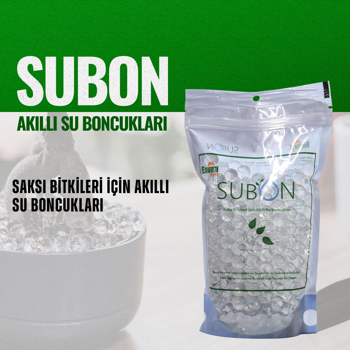 Subon akıllı su boncukları 400 g – yeşil zeminli tanıtım görselinde şeffaf kilitli poşet ve beyaz kâsede şişmiş su boncukları