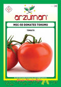 Arzuman MSC-50 yer domatesi tohumu paketi – dalında duran iki adet düzgün yuvarlak, parlak kırmızı domates görseli