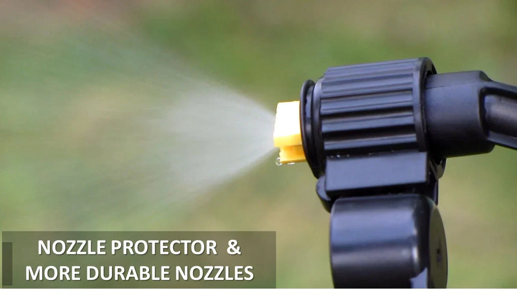 Close-up of a Trend Ziraat agricultural nozzle with protector spraying water outdoors