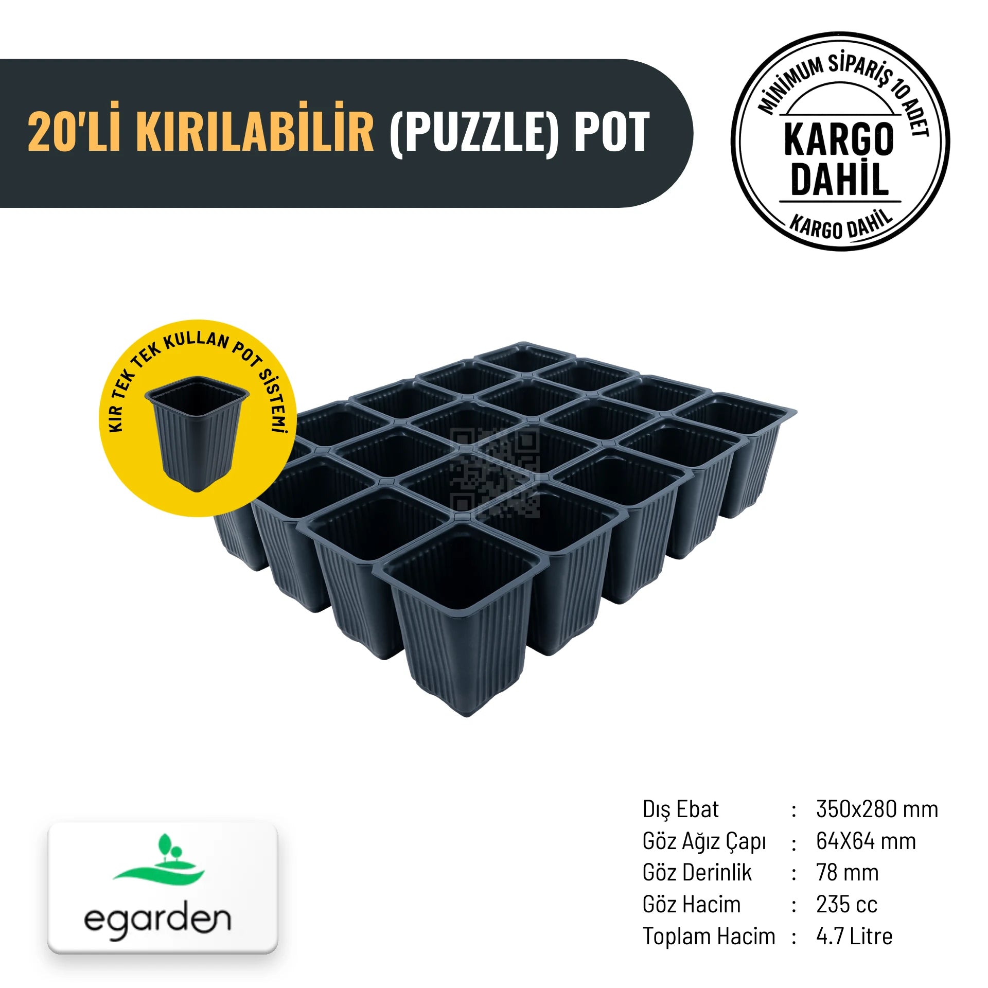 20'li kırılabilir puzzle pot – 235 cc kare gözlü, ayrılabilen fide kapları