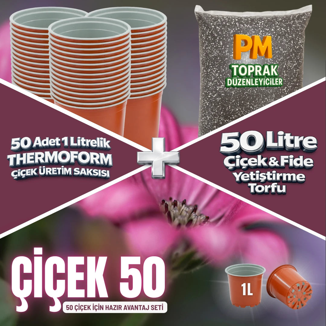 Çiçek 50 avantaj seti – 50 adet 1 litrelik thermoform saksı ve 50 litre çiçek torfu