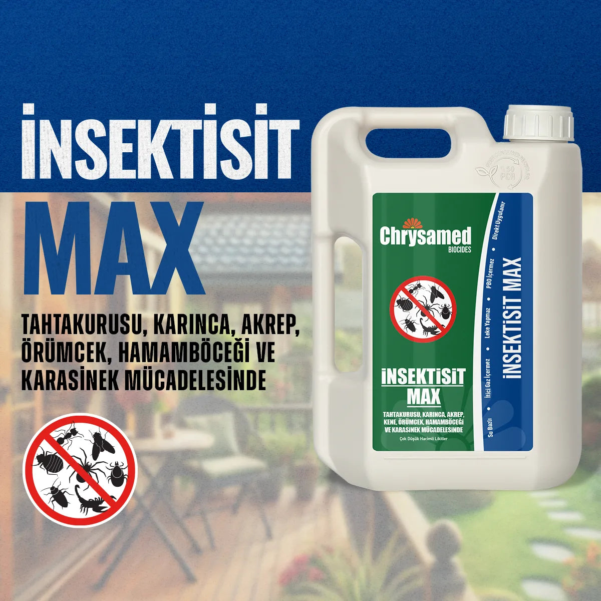 Chrysamed İnsektisit Max 2 litre – lacivert zeminli tanıtım görselinde beyaz kulplu bidon ve hedef haşere simgeleri