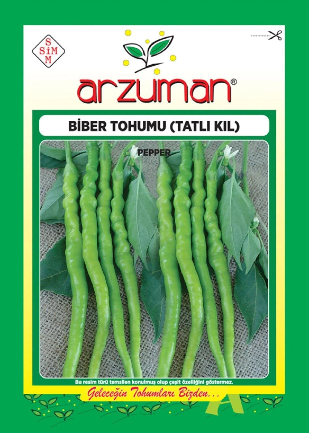 Tatlı kıl biber tohumu paketi – koyu zemin üzerinde dizilmiş açık yeşil, düz ve uzun tatlı biberler görseli