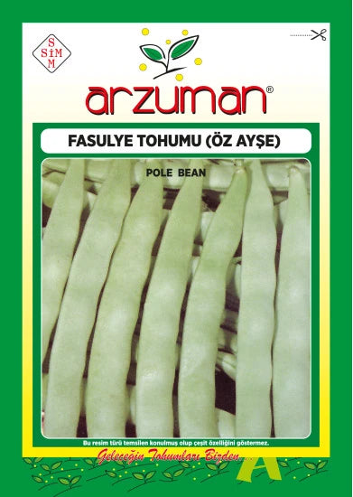 Arzuman Öz Ayşe fasulye tohumu paketi – yan yana dizilmiş yassı, geniş ve açık yeşil taze fasulye baklaları görseli