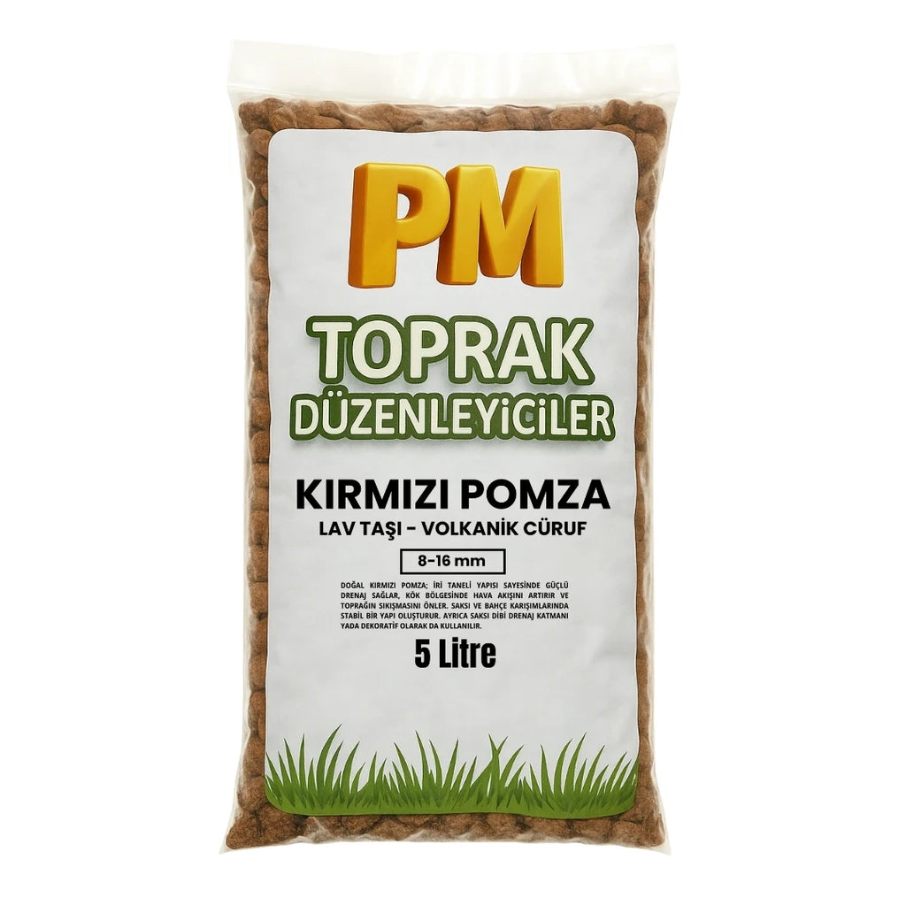 Kırmızı pomza lav taşı 8-16 mm – drenaj katmanı ve malç için iri tane, 5 litre