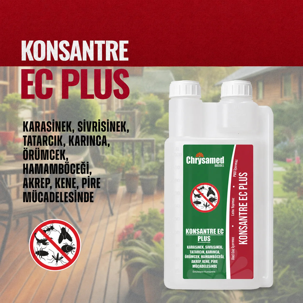 Chrysamed Konsantre EC Plus 1 litre – bordo zeminli tanıtım görselinde ölçek hazneli beyaz şişe ve hedef haşere simgeleri