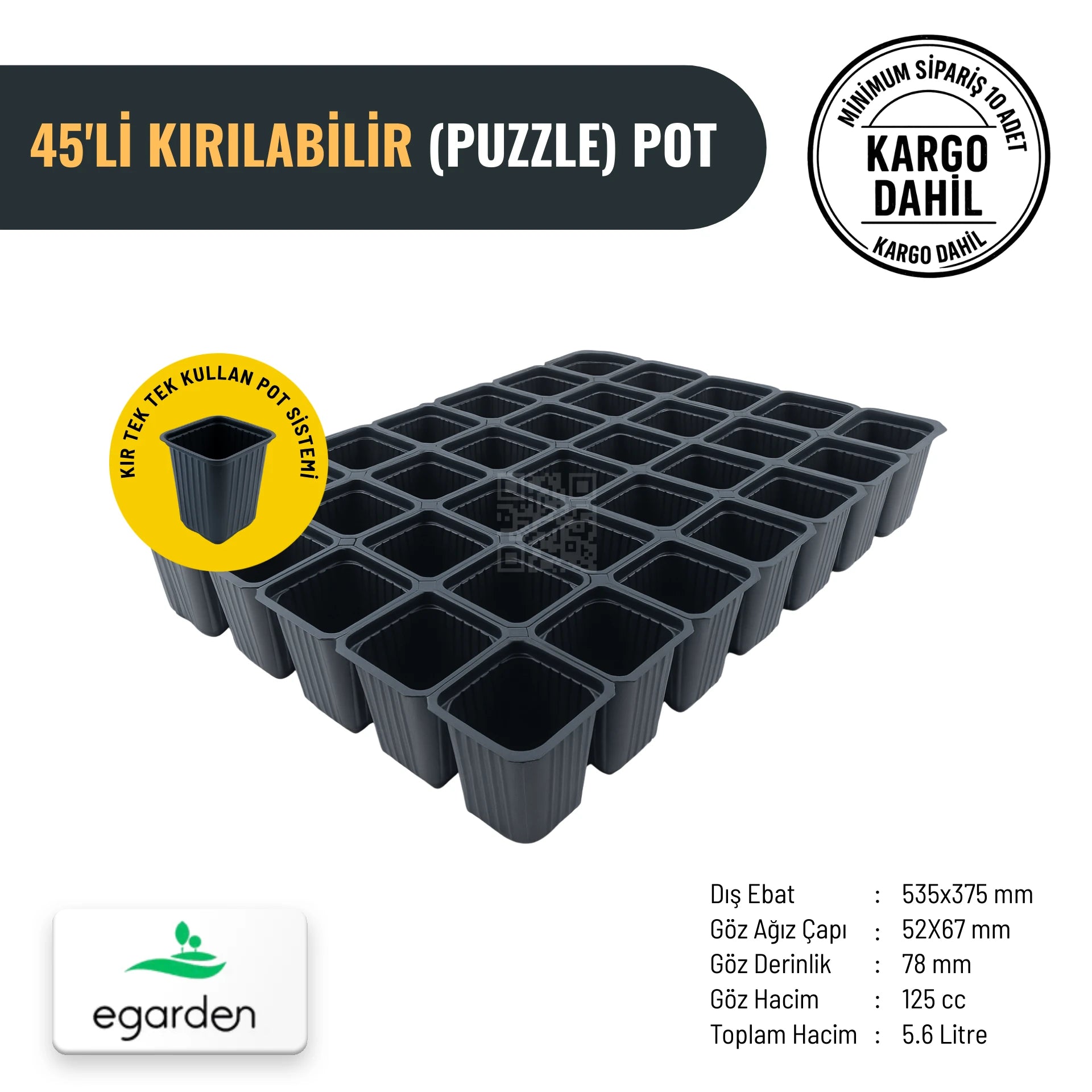 45'li kırılabilir puzzle pot – 125 cc, fide satışı için ayrılabilen kaplar
