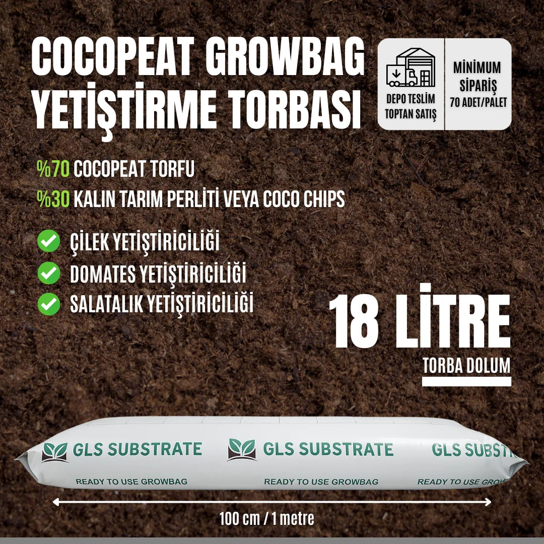 Cocopeat growbag yetiştirme torbası 18 litre – sera sıraları için 100 cm uzunluğunda