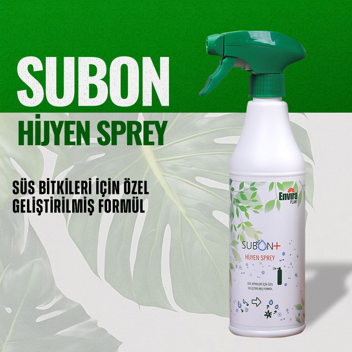 Chrysamed Subon hijyen spreyi – yeşil zeminli tanıtım görselinde beyaz tetikli sprey şişe ve arka planda monstera yaprakları