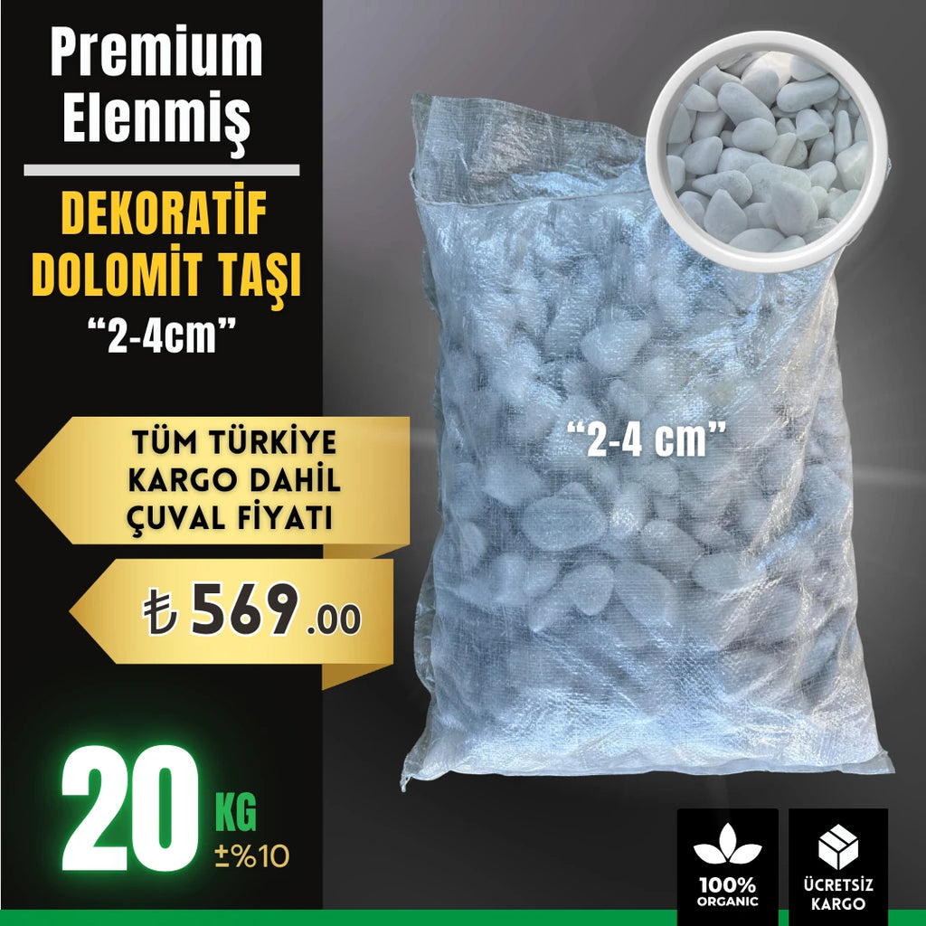 Dekoratif beyaz dolomit taşı 2-4 cm, 20 kg – yürüyüş yolu ve geniş alan için iri tane