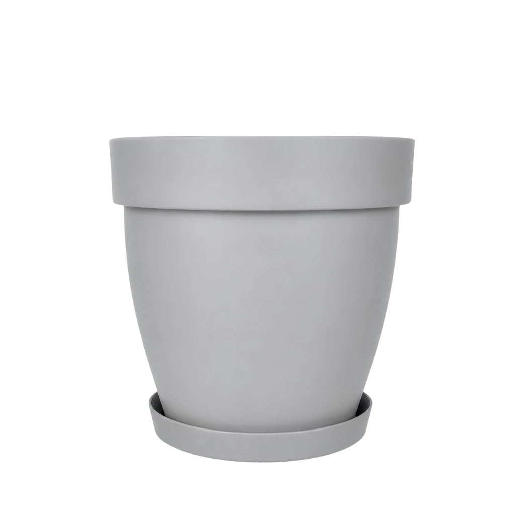 Cornet tabaklı dekoratif saksı 50 litre – 45,5 cm çaplı gri saksı ve alt tabağı