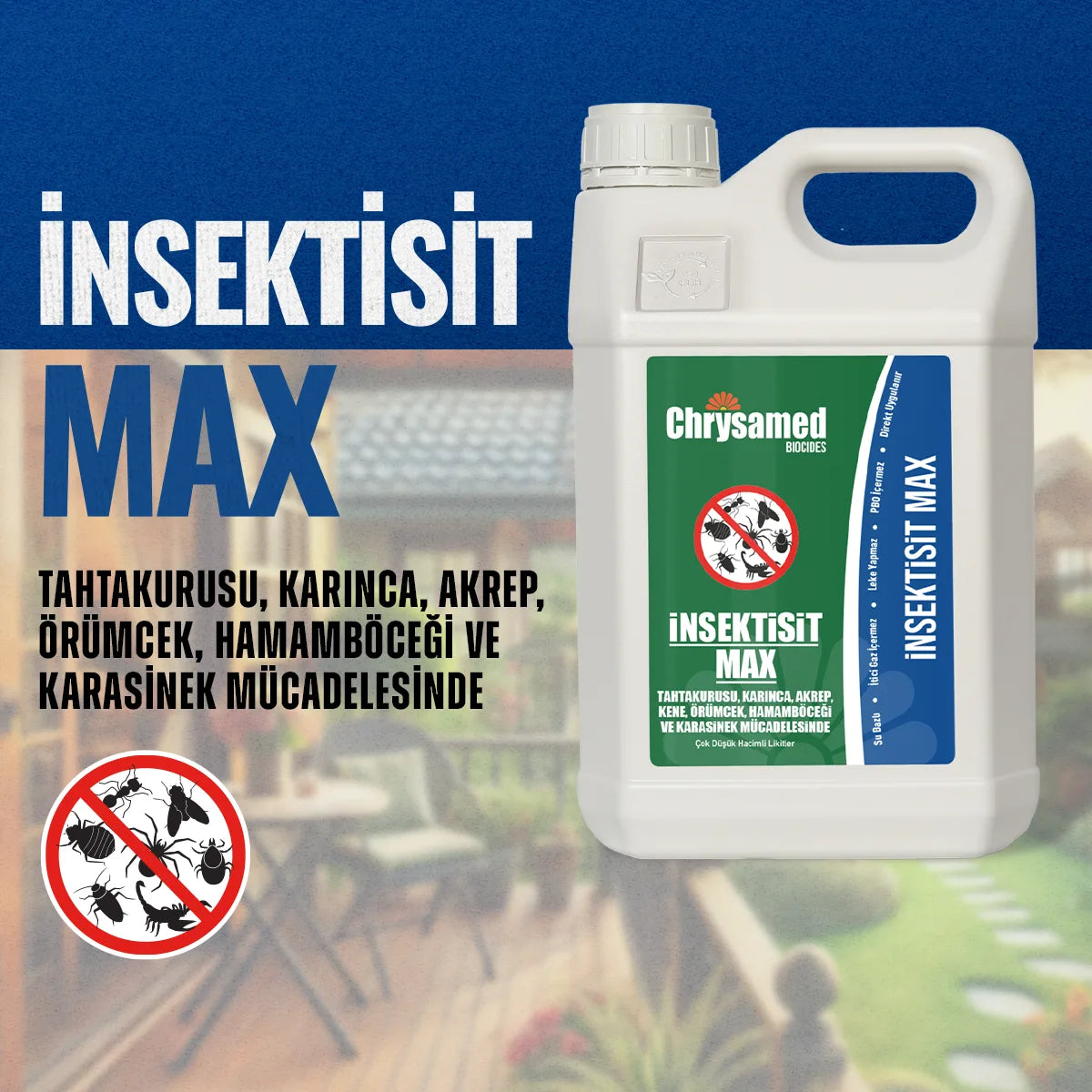 Chrysamed İnsektisit Max 5 litre – lacivert zeminli tanıtım görselinde büyük beyaz kulplu bidon ve hedef haşere simgeleri