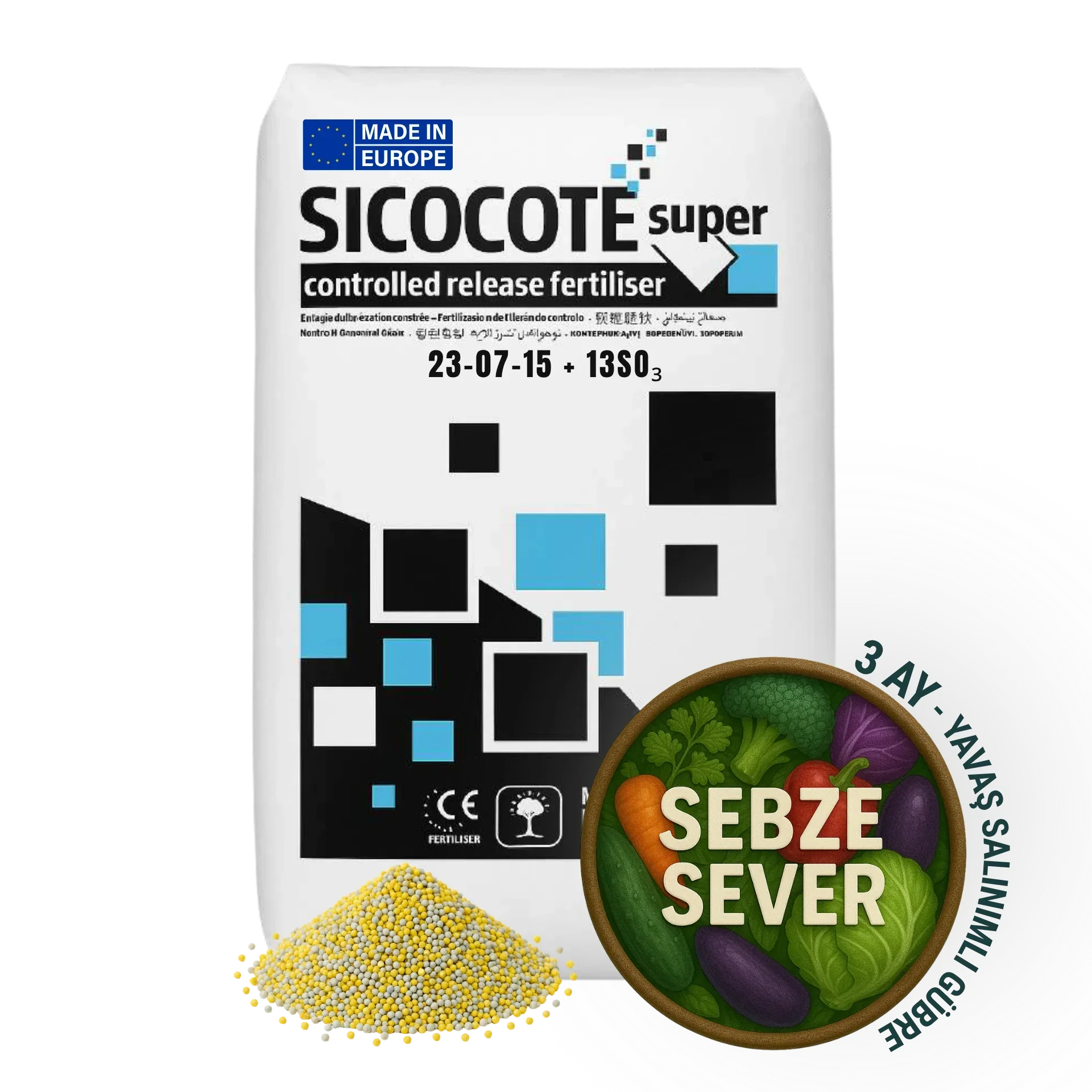 SICOCOTE Super CRF 23-07-15 + 13SO₃ | Kontrollü Salınımlı Granül Gübre | 25 KG | Made in EU - ambalajlı gübre ürünü görseli