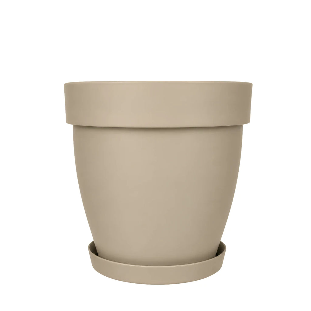 Cornet tabaklı dekoratif saksı 12 litre – 28 cm çaplı yeşil saksı ve alt tabağı