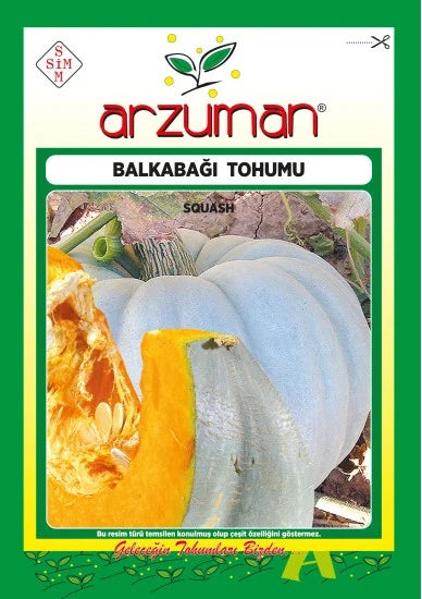 Arzuman bal kabağı tohumu paketi – ikiye bölünmüş, kalın koyu turuncu etli ve gri-yeşil kabuklu bal kabağı görseli