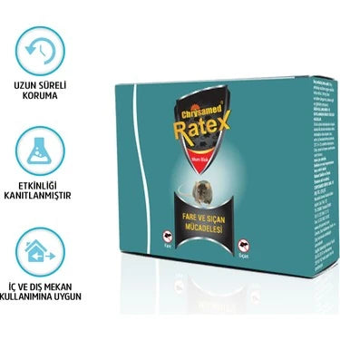 Chrysamed Ratex mum blok 100 g – beyaz zeminde turkuaz karton kutu ve yanında uzun süreli koruma, etkinlik, iç-dış mekân simgeleri