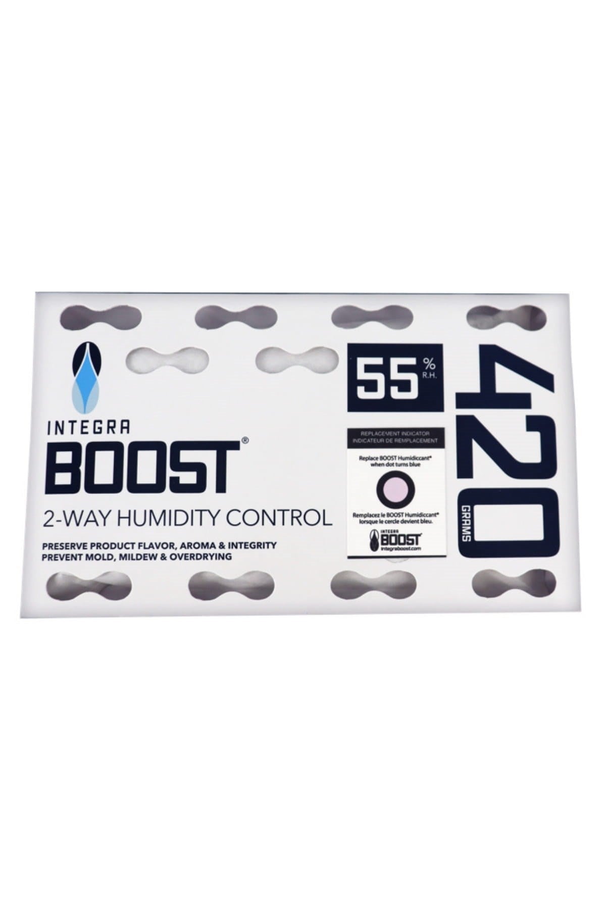 Integra Boost %55 nem regülatörü 420 gr – beyaz paket üzerinde Integra Boost yazısı ve nem oranı etiketi