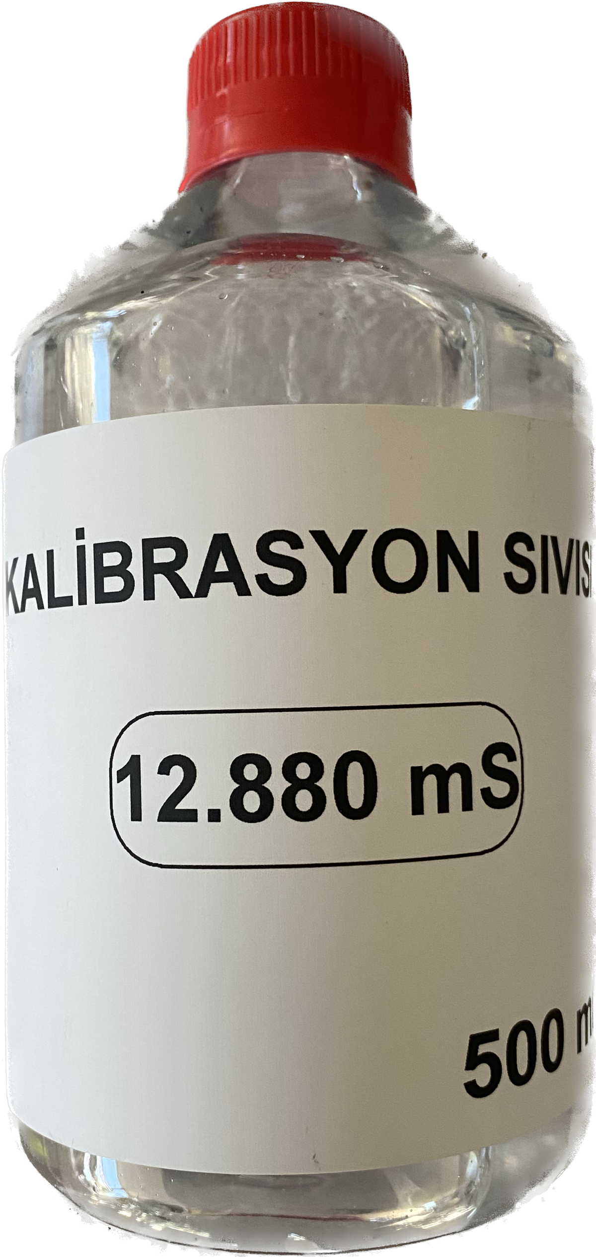 12,880 mS/cm EC kalibrasyon çözeltisi – 500 ml şişede renksiz sıvı, değer etiketli