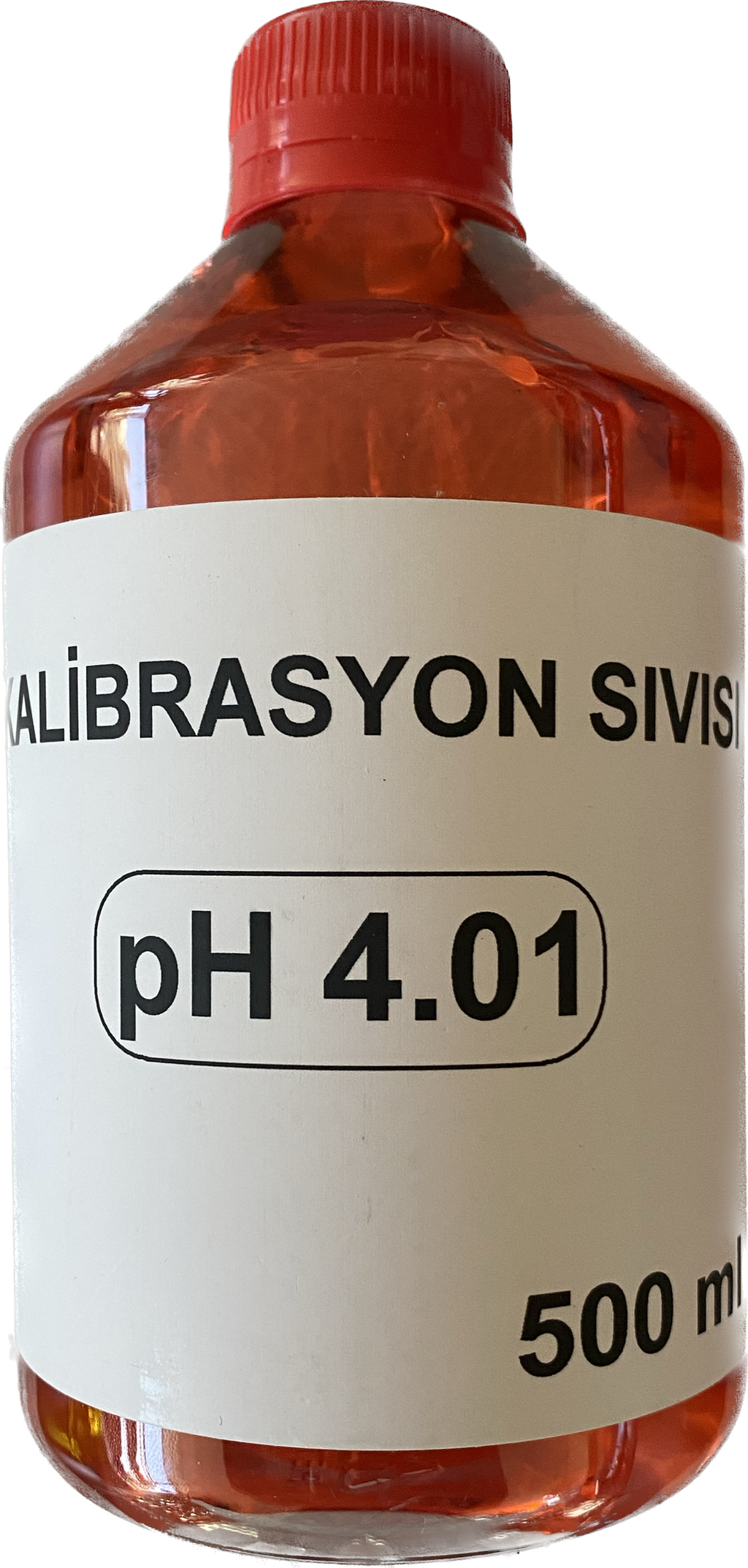 pH 4,01 kalibrasyon çözeltisi – 500 ml şişede kırmızıya boyanmış sıvı, kırmızı kapak ve değer etiketi