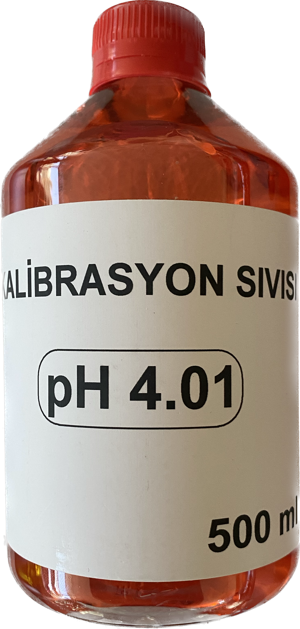 pH 4,01 kalibrasyon çözeltisi – 500 ml şişede kırmızıya boyanmış sıvı, kırmızı kapak ve değer etiketi