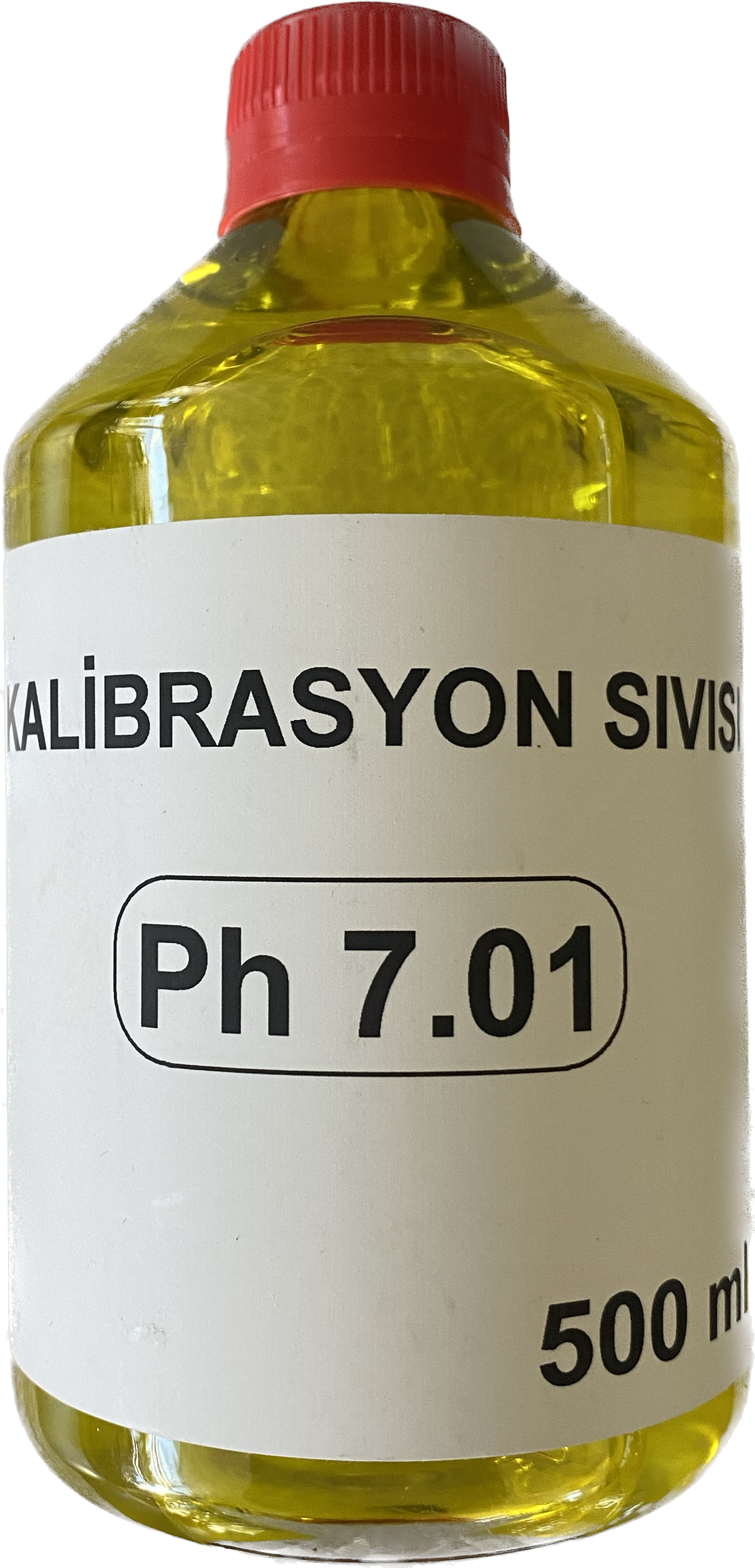 pH 7,01 kalibrasyon çözeltisi – 500 ml şişede sarıya boyanmış sıvı, kırmızı kapaklı