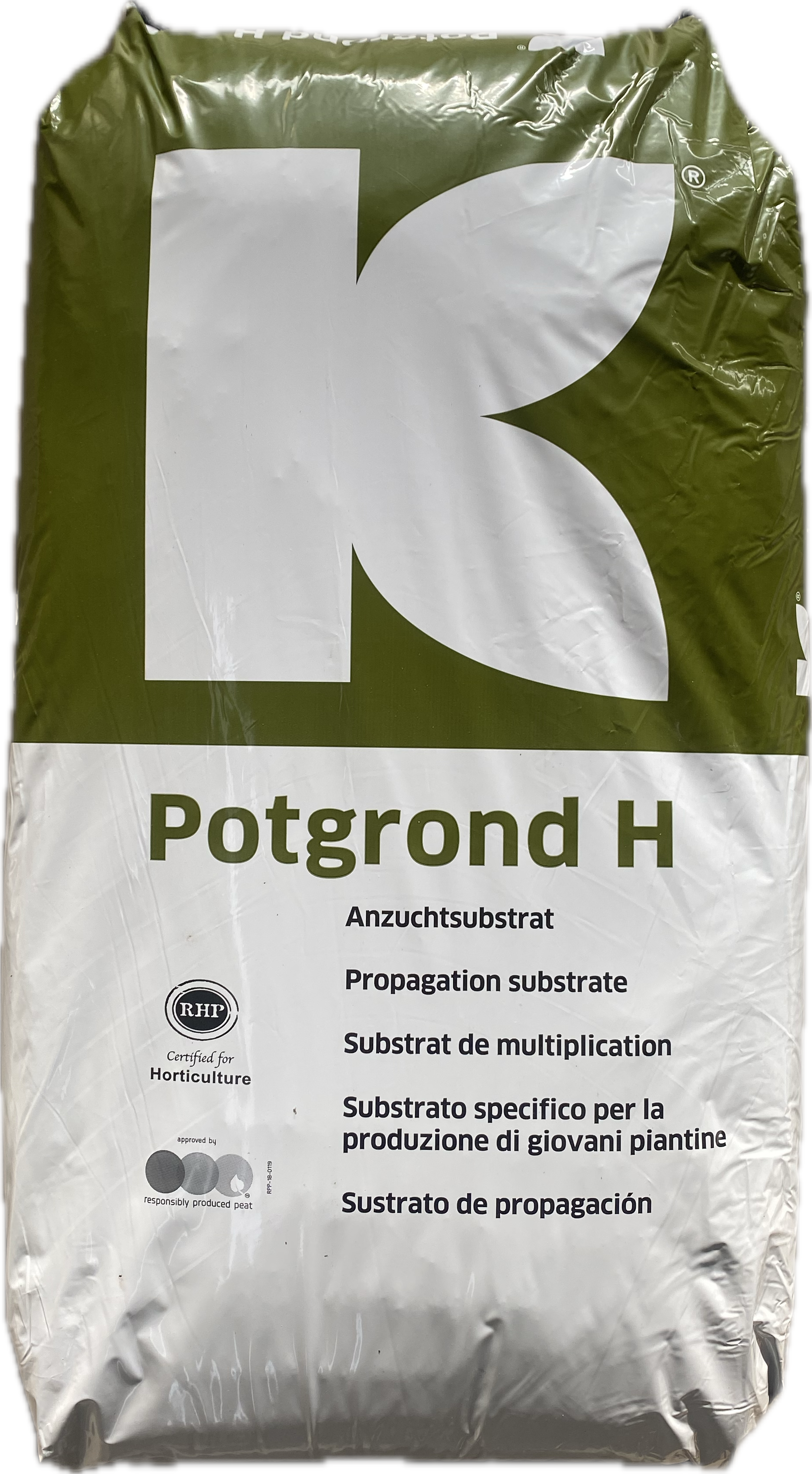 Klasmann Potgrond H torbası – zeytin yeşili ambalaj, büyük beyaz K logosu ve Potgrond H yazısı