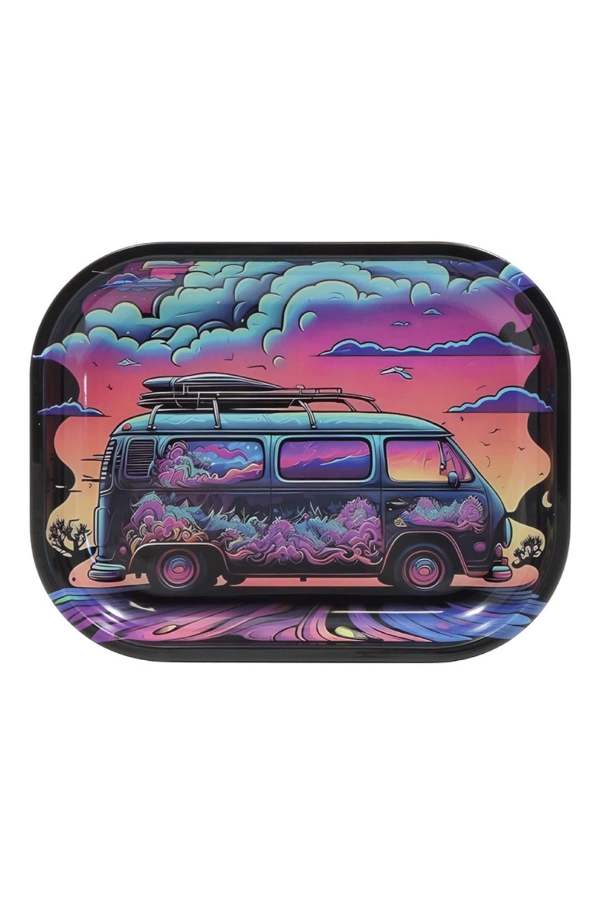 Küçük metal tepsi Karavan – 18x13 cm alüminyum tepsi ve renkli yolculuk temalı yüzey baskısı