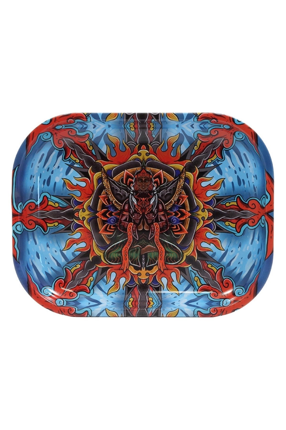 Küçük metal tepsi Mandala Trance – 18x13 cm alüminyum tepsi ve simetrik desenli renkli baskısı