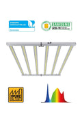 Lazerlite Compact 720W LED lamba – altı çubuklu ince alüminyum gövde, Pure Factory logosu ve renkli spektrum eğrisi