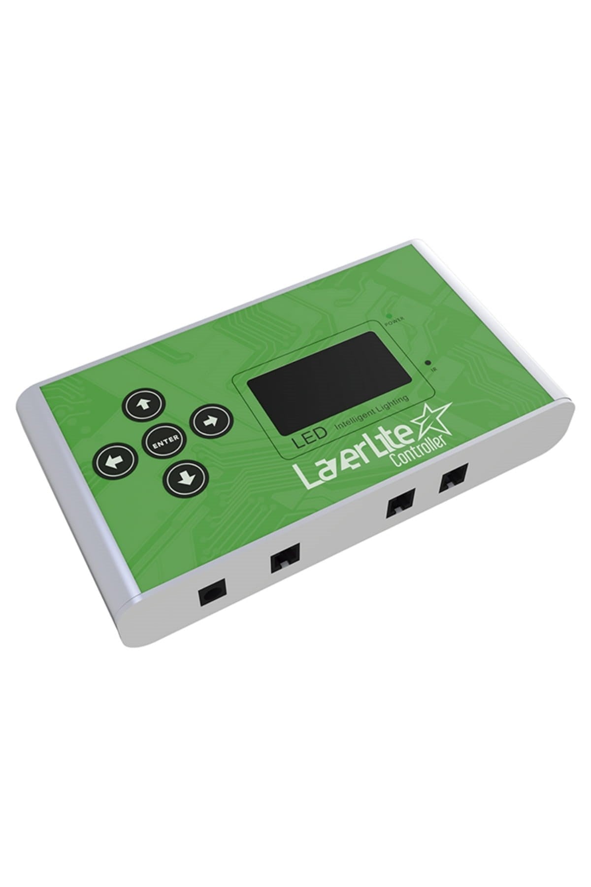 LazerLite LED Controller – yeşil yüzlü dikdörtgen kontrol cihazı, beş tuşlu yön paneli, ekran ve yan bağlantı portları
