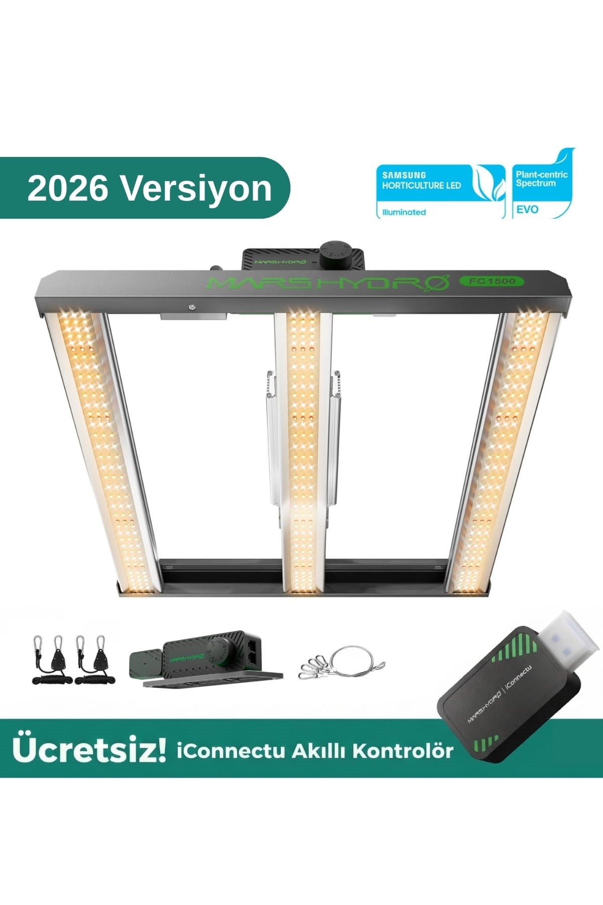 Mars Hydro FC1500 EVO 150W – çubuk tasarımlı gümüş alüminyum LED panel ve sıralı Samsung diyotlar