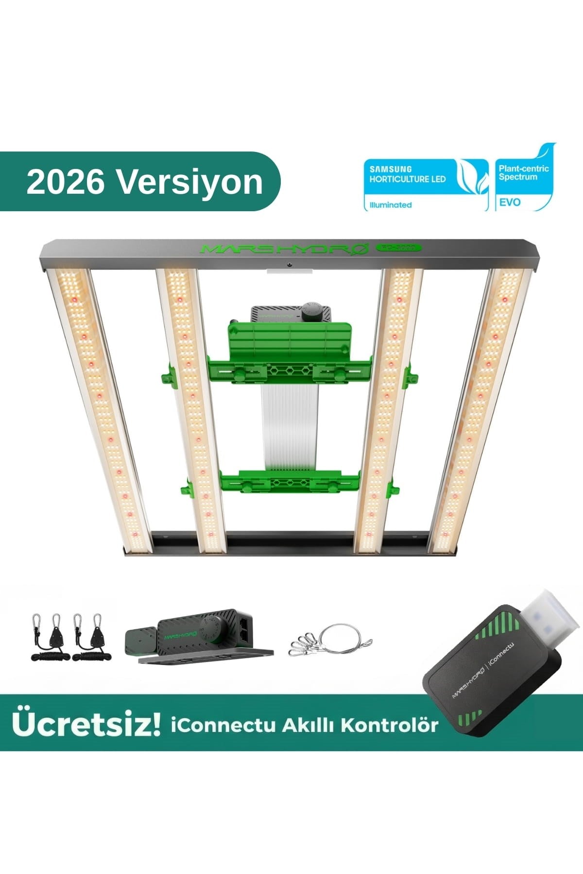 Mars Hydro FC3000 EVO 300W – çubuk tasarımlı gümüş LED panel, Samsung diyotlar ve çelik askı ipleri