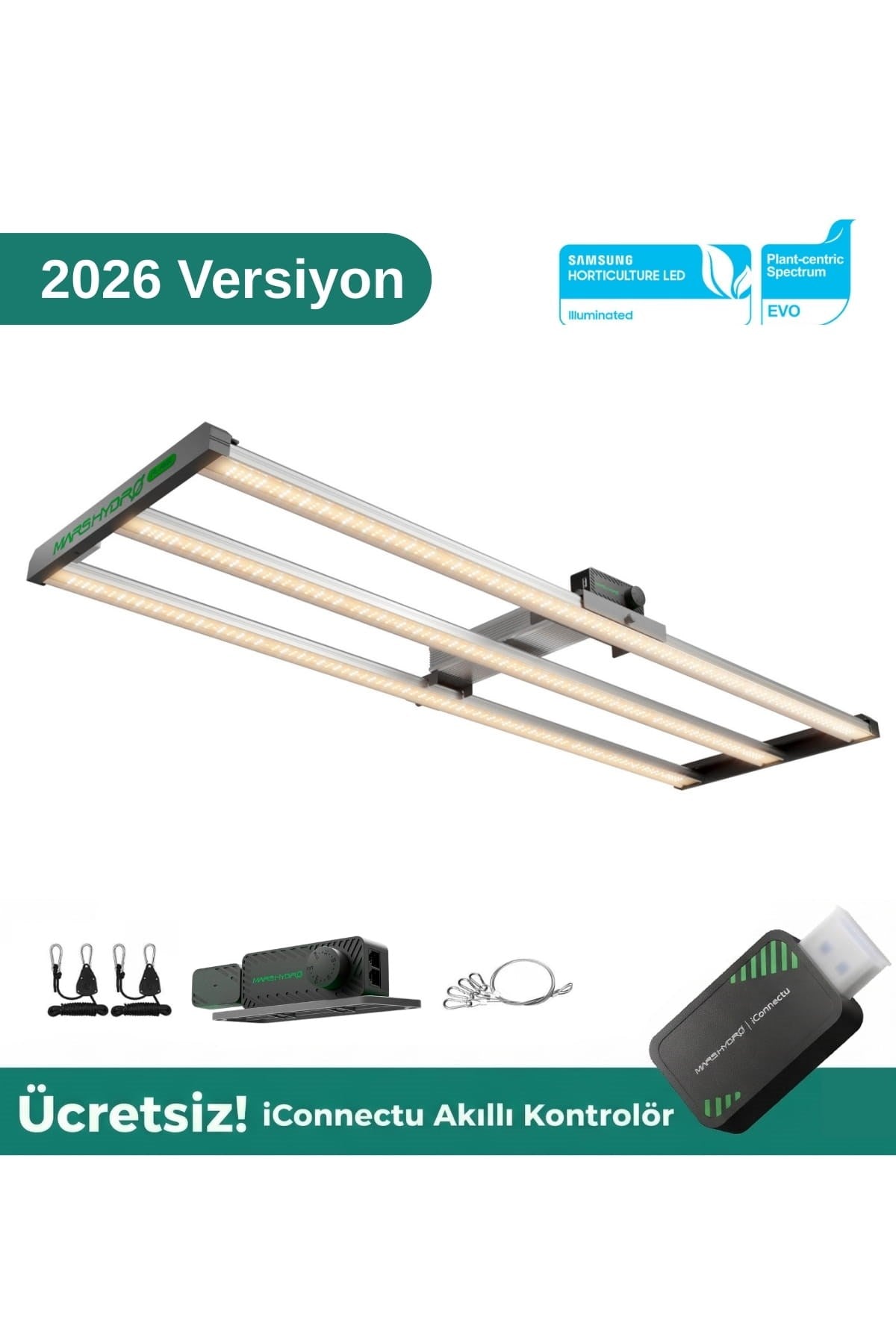 Mars Hydro FC4000 EVO 320W – uzun çubuk tasarımlı gümüş LED panel ve sıralı Samsung diyotlar