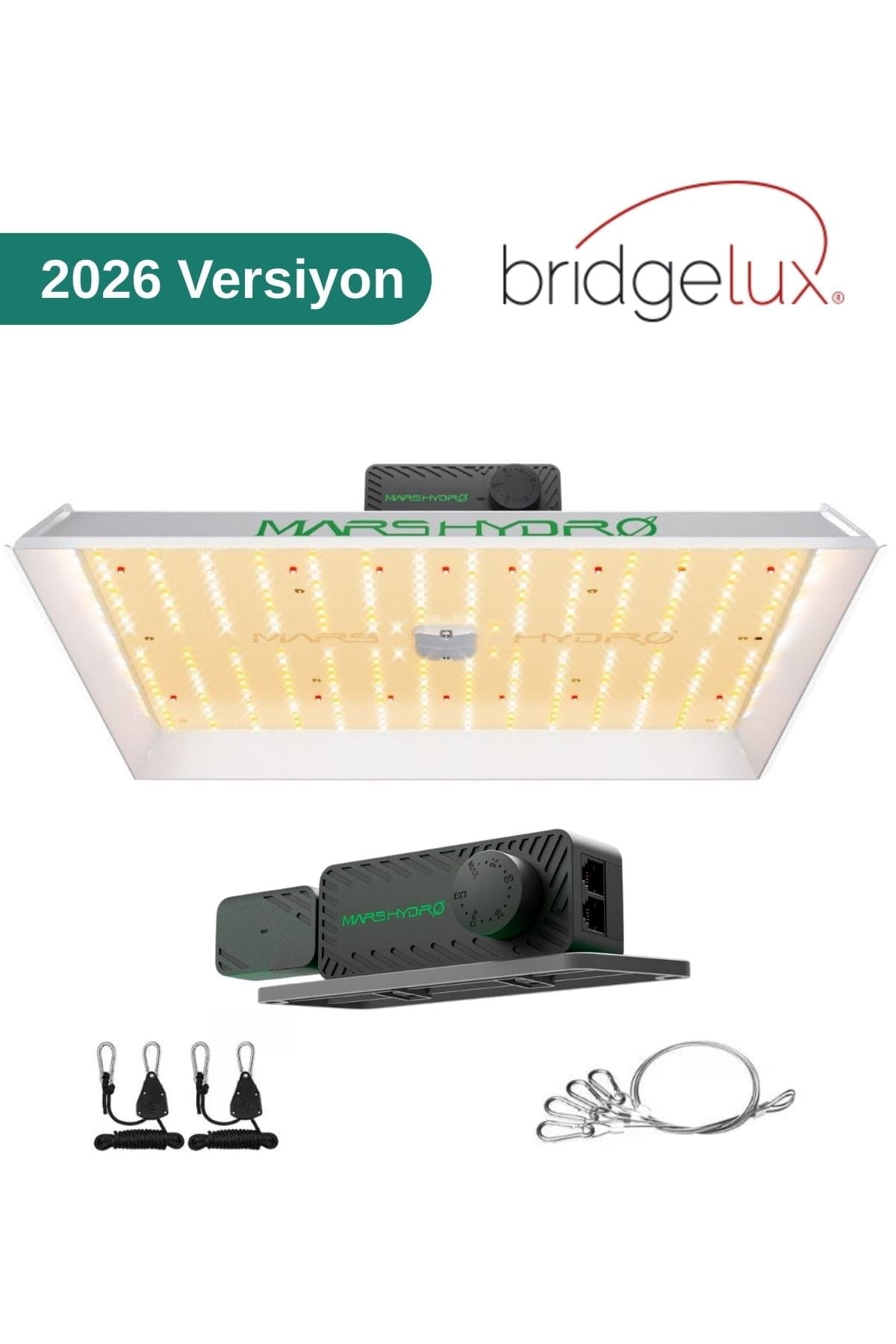 Mars Hydro TS1000 150W – beyaz reflektörlü kare LED panel, yoğun diyot dizilimi ve çelik askı ipleri