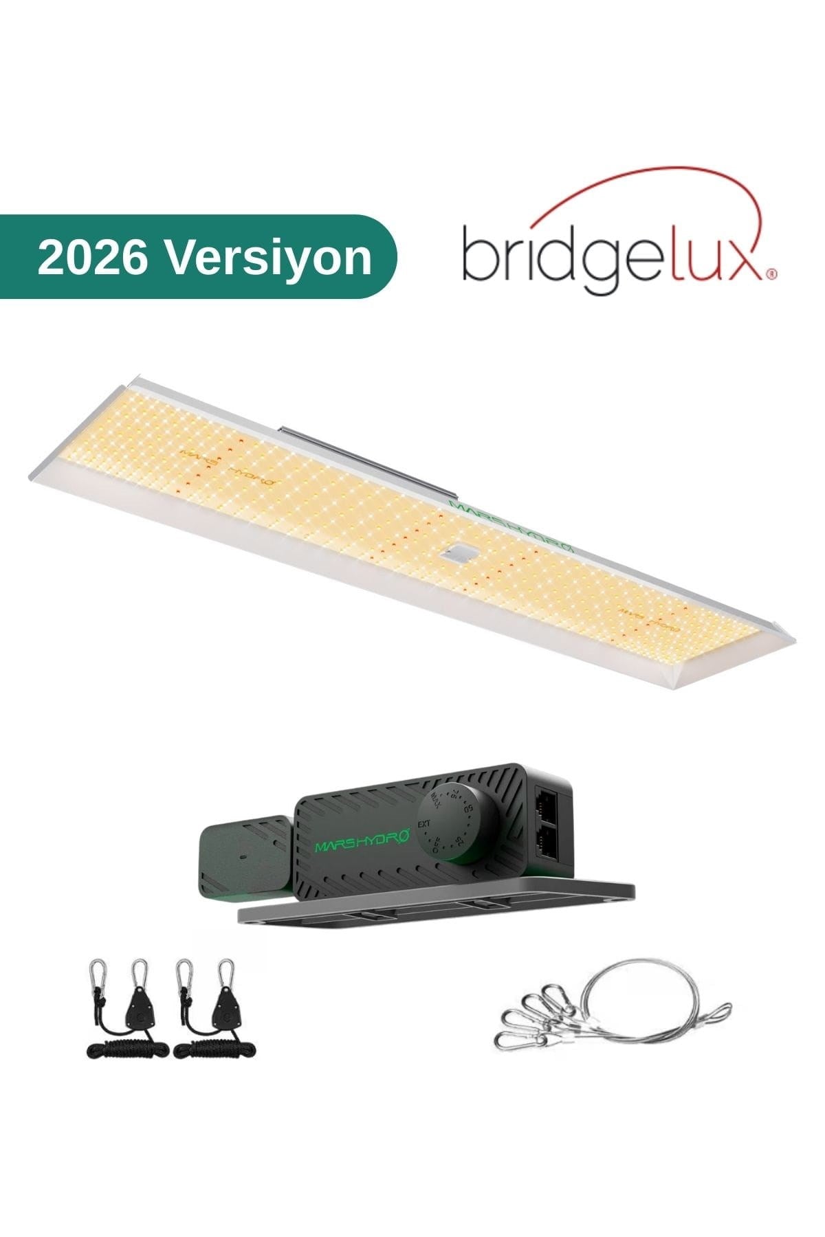 Mars Hydro TSL2000 300W – uzun dikdörtgen beyaz LED panel, boyunca sıralı diyotlar ve askı ipleri