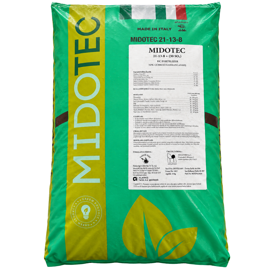 MIDOTEC 21-13-8 + %30 SO₃ Granül Gübre 25 kg Çuval – DMPP İnhibitörlü