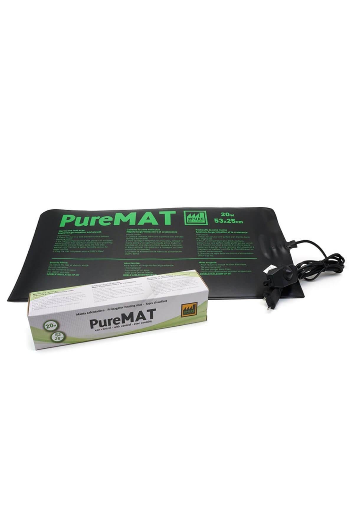 Pure Mat ısıtıcı mini sera matı – siyah dikdörtgen mat, PureMAT baskılı yeşil kutu ve dimmerli kontrol kablosu