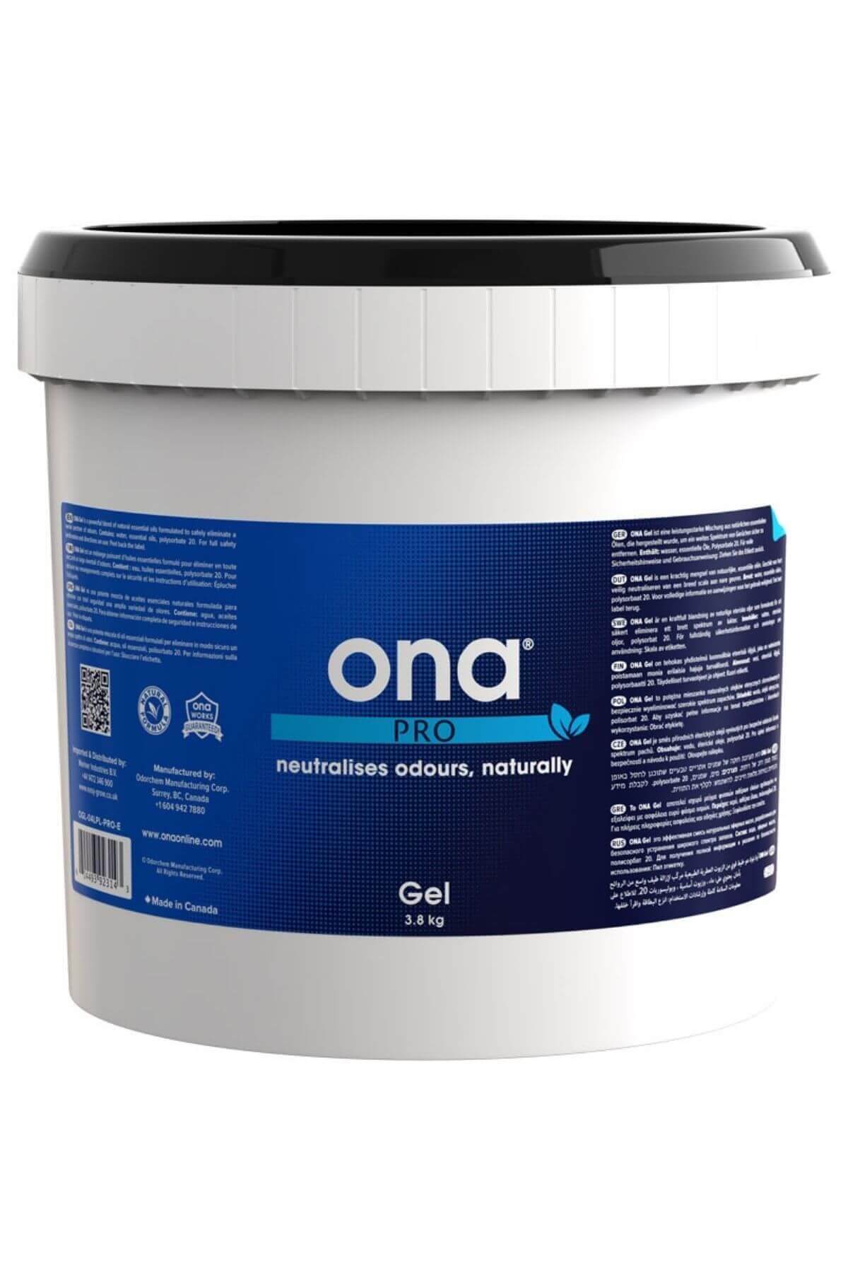 ONA jel pro 3,8 kg – vidalı kapaklı plastik kavanozda renkli koku giderici jel ve ONA logolu ürün etiketi