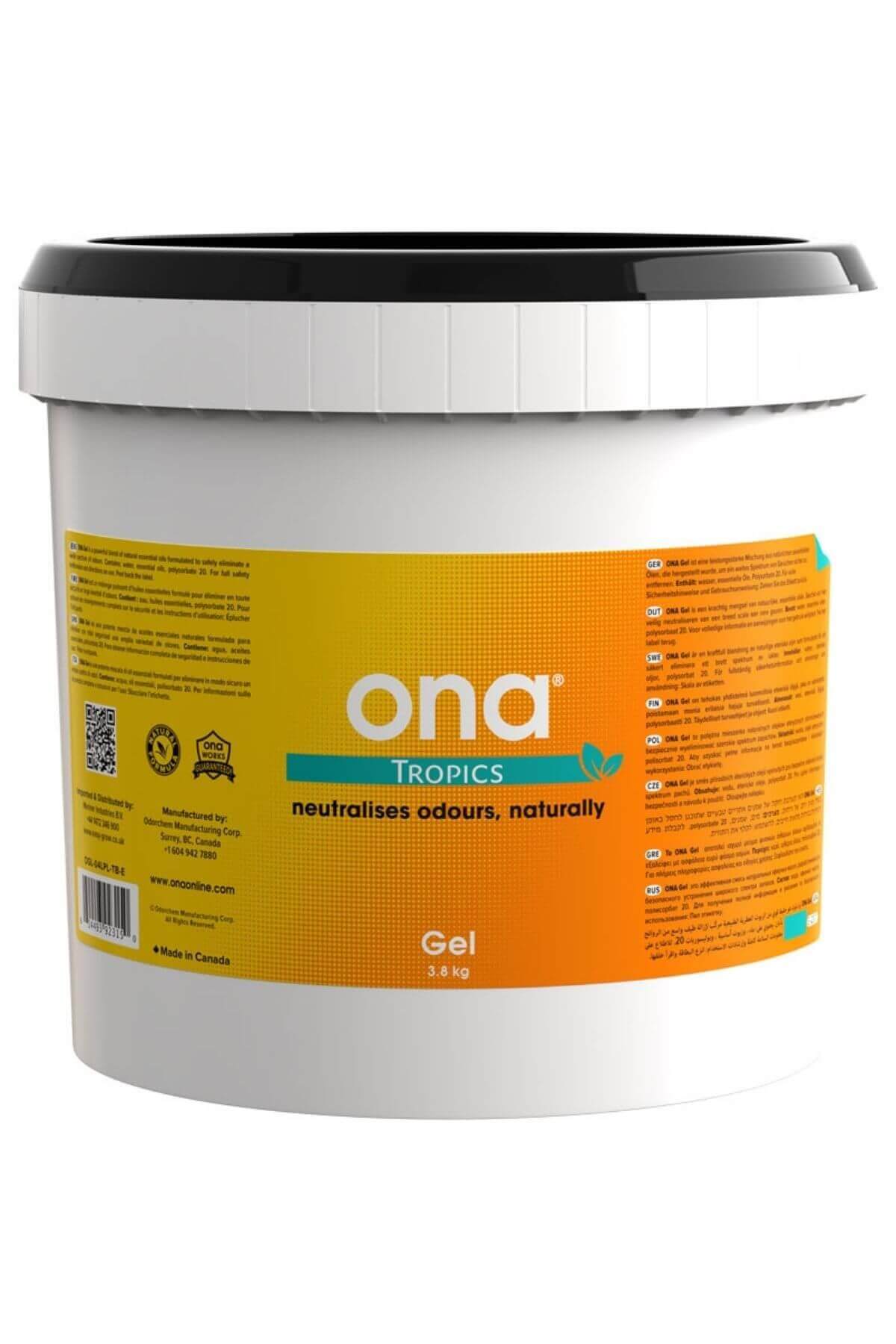 ONA jel tropik 3,8 kg – vidalı kapaklı plastik kavanozda renkli koku giderici jel ve ONA logolu ürün etiketi