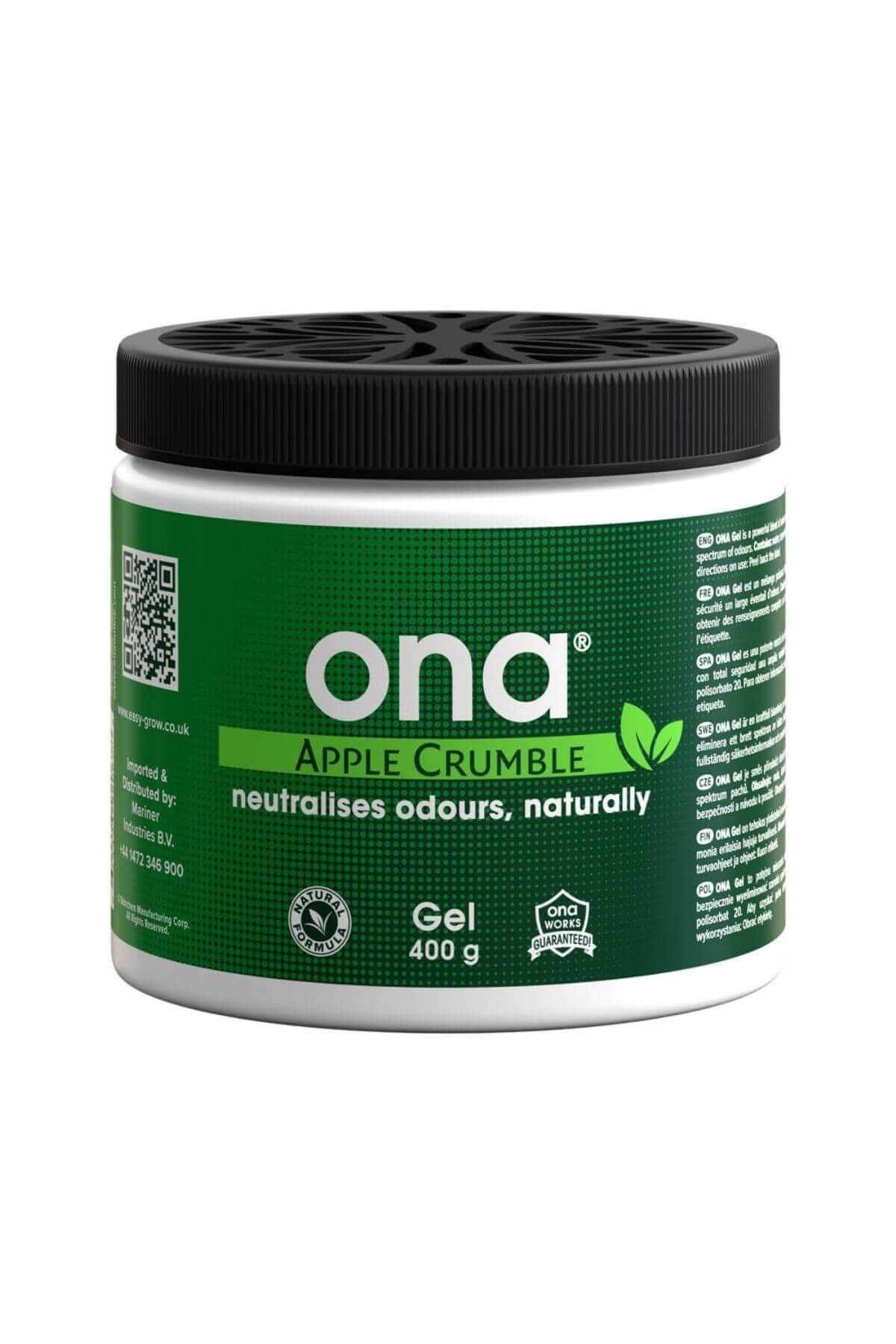ONA jel elma 400 g – vidalı kapaklı plastik kavanozda renkli koku giderici jel ve ONA logolu ürün etiketi