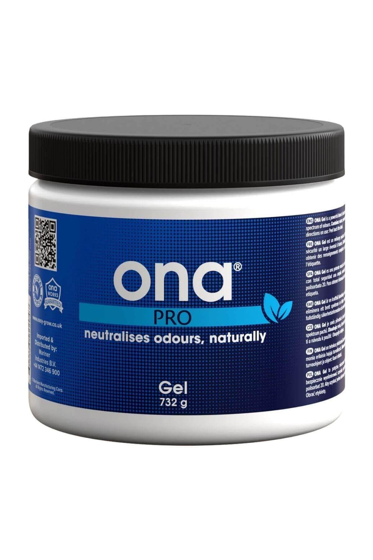ONA jel pro 732 g – vidalı kapaklı plastik kavanozda renkli koku giderici jel ve ONA logolu ürün etiketi