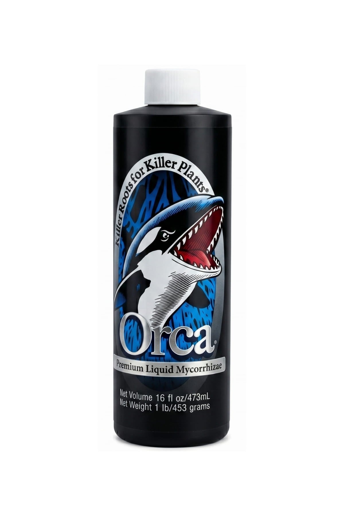 Orca 473 ml sıvı mikoriza – orta boy şişe ambalaj, ölçekli kapak ve Orca markalı ürün etiketi
