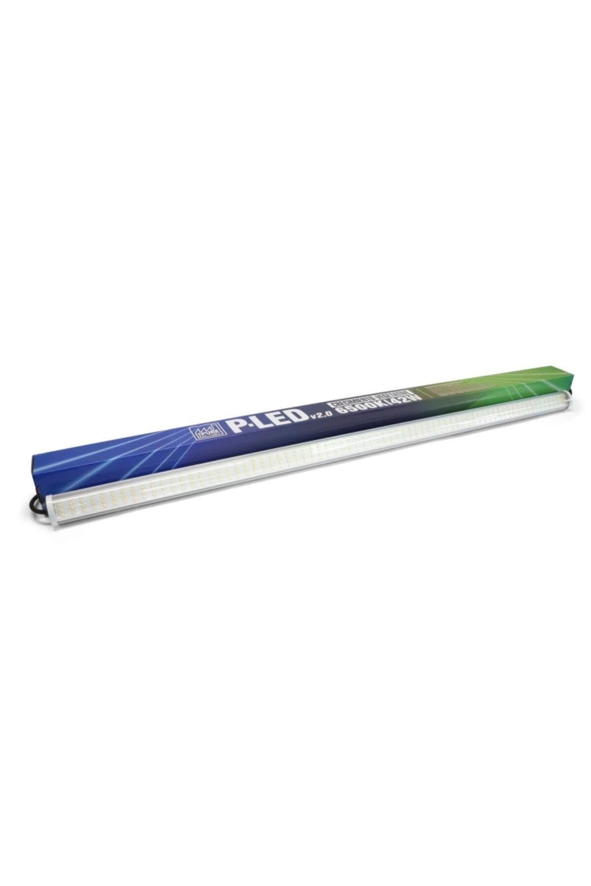 P-LED V2.0 42W Grow LED bar – uzun alüminyum çubuk gövde, yeşil bantlı kutu ve sıralı beyaz LED diyotlar