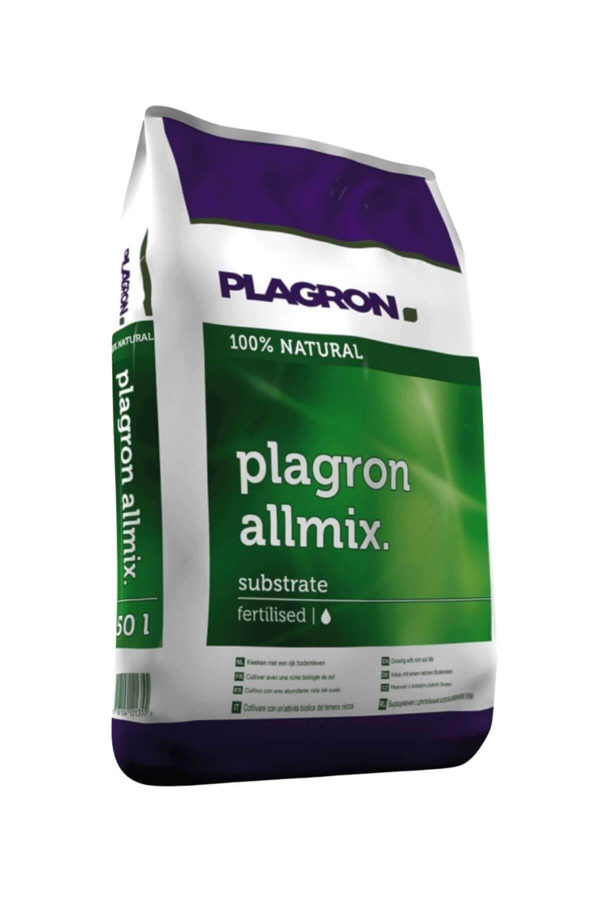 Plagron All Mix 50 litre beyaz mor çuval – yeşil şeritli ön yüz, substrate ibareli baskı