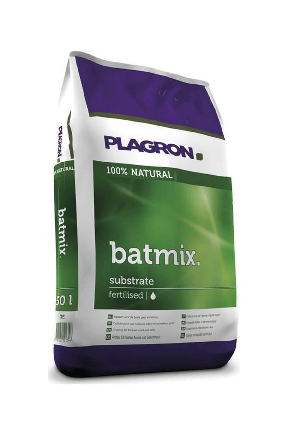 Plagron Bat Mix 50 litre – beyaz torba ambalaj, Plagron logosu ve Bat Mix yazılı yarasa görselli etiket