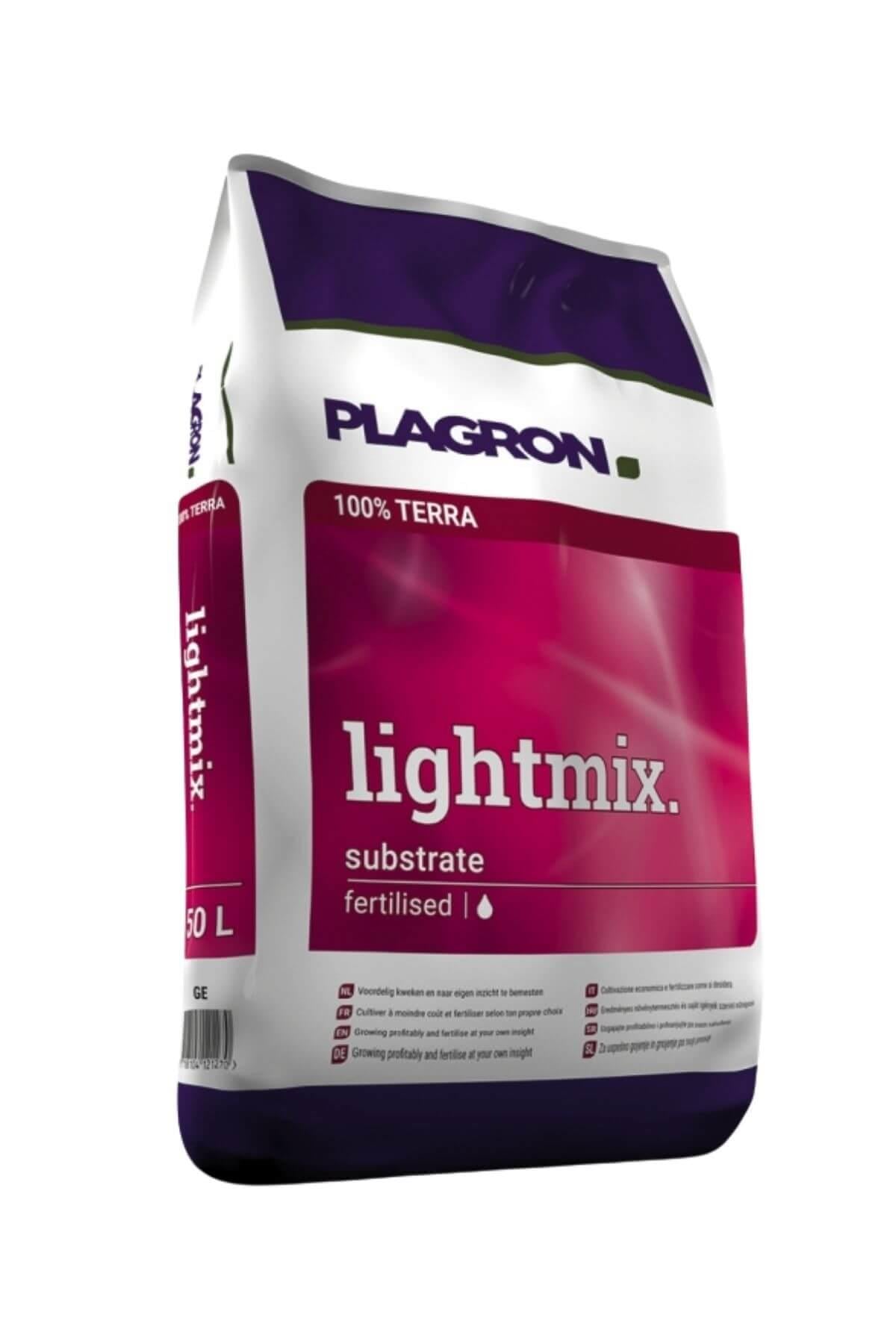 Plagron Light Mix 50 litre beyaz mor çuval – koyu kırmızı şeritli ön yüz, substrate baskılı