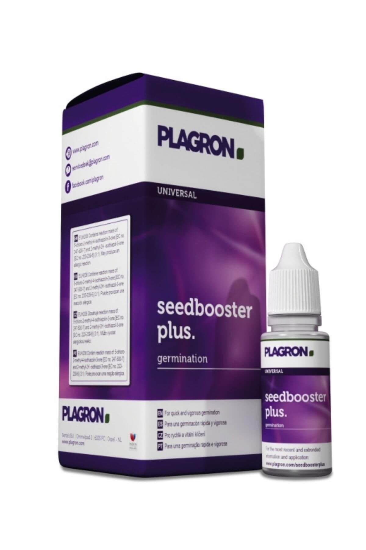 Plagron Seed Booster Plus 10 ml – küçük damlalıklı şişe ve Plagron logolu karton kutu ambalajı