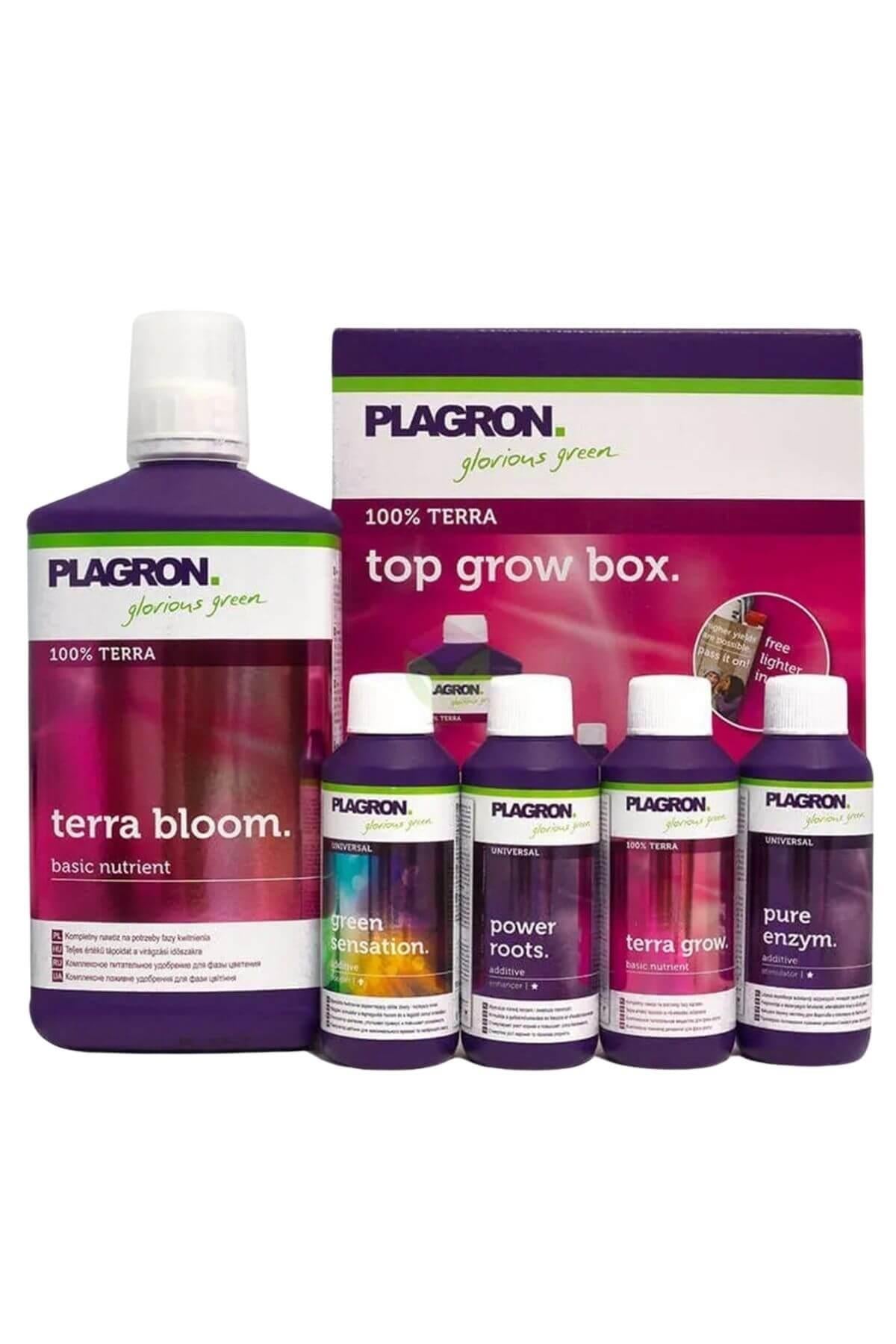Plagron Top Grow Box Terra Starter Kit – karton kutu içinde beş adet beyaz Plagron besin şişesi