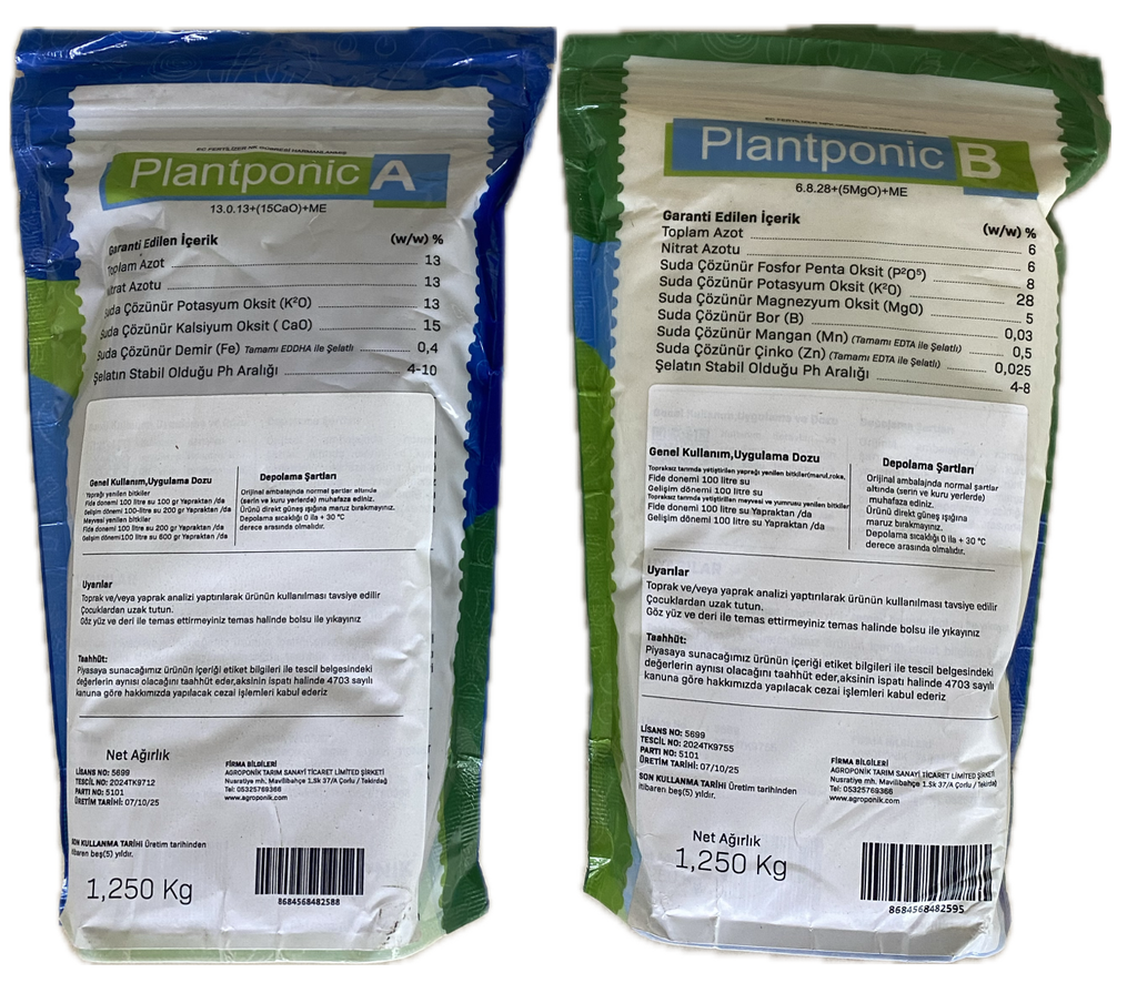 İki Bileşenli Toz Hidroponik Besin Plantponic A ve B – 1,25 kg, 5 kg veya 25 kg Set